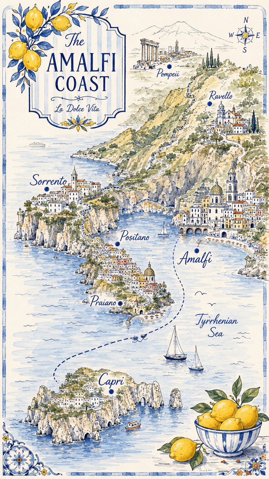 Hand-painted watercolor map of the Amalfi Coast — Sorrento, Positano, Praiano, Amalfi, Ravello, Pompeii and Capri, with sailboats on the Tyrrhenian Sea